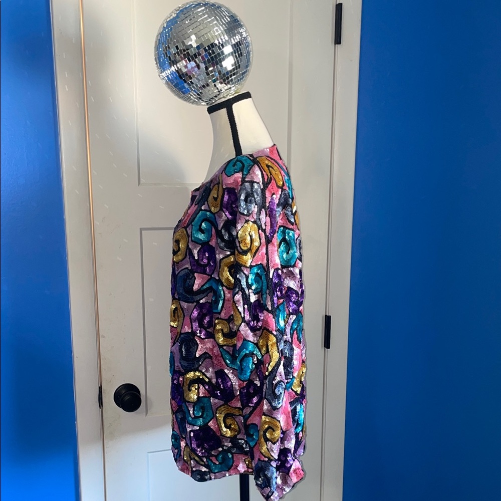 Vintage Saks Fifth Avenue Multicolor Psychedelic Sequin Top // Eclectic Handmade - Picture 4 of 7